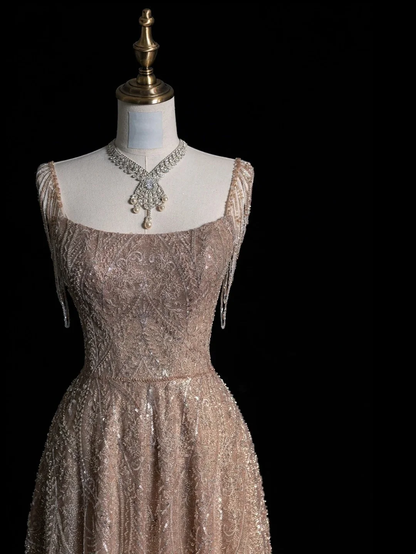 Beautiful Square Neck Champagne Tulle Sequins Beaded Long Party Dress Long Prom Dresses D4830