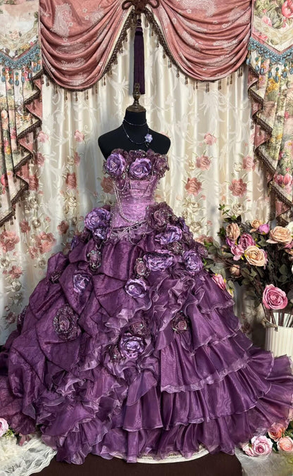 Vintage Strapless Ball Gown Purple Satin Tulle 3D Floral Quinceanera Dress Sweet 15 Dress D4501