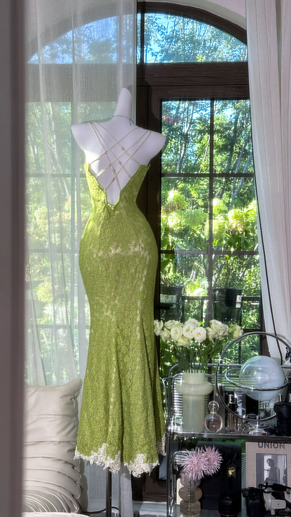Vintage Spaghetti Straps Green Lace Appliques Slit Mermaid Prom Gown Long Party Dress D866