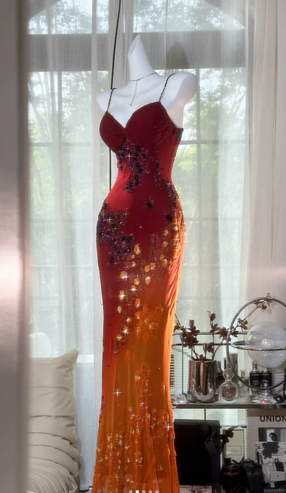 Vintage Spaghetti Straps Ombre Orange Chiffon Sequin Beaded Mermaid Long Party Dress Evening Gown D1313