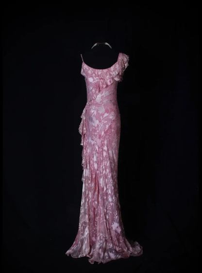 Charming Pink Beaded Chiffon Floral Ruffles Mermaid Long Evening Dress Formal Birthday Dress D2264