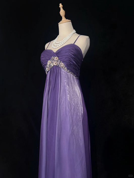 Elegant Spaghetti Straps Lavender Satin Chiffon Sequin Evening Dress Long Wedding Guest Dress D3118