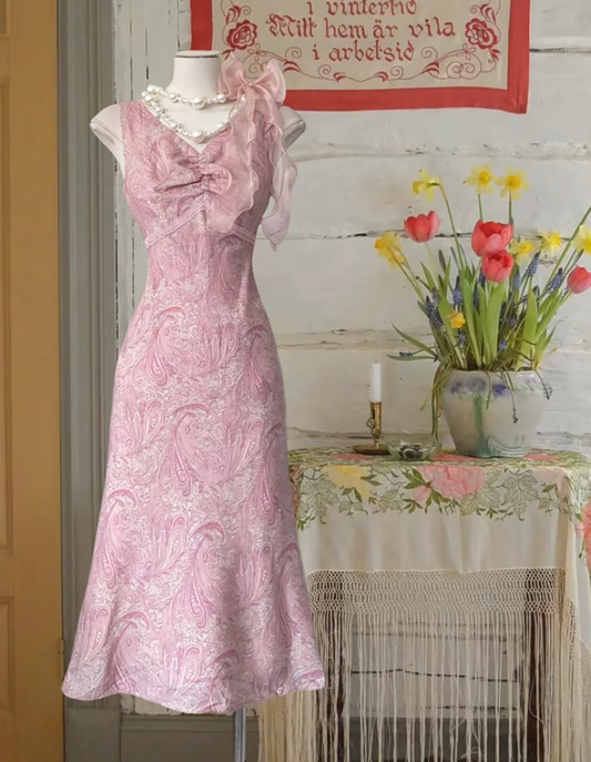 Pretty Pink V Neck Satin Print Floral Long Prom Dress Formal Evening Gown D644