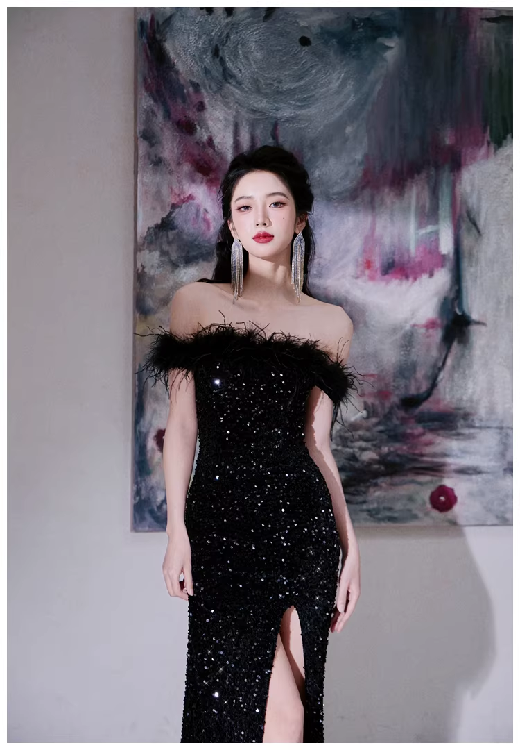 Glamorous Feathers Strapless Black Sequin Slit Mermaid Evening Dress Long Birthday Party Dress D2455
