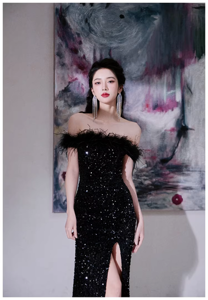 Glamorous Feathers Strapless Black Sequin Slit Mermaid Evening Dress Long Birthday Party Dress D2455