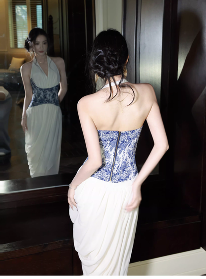 Unique Halter V Neck White Chiffon Pleated Long Prom Dress Birthday Evening Dress D2185