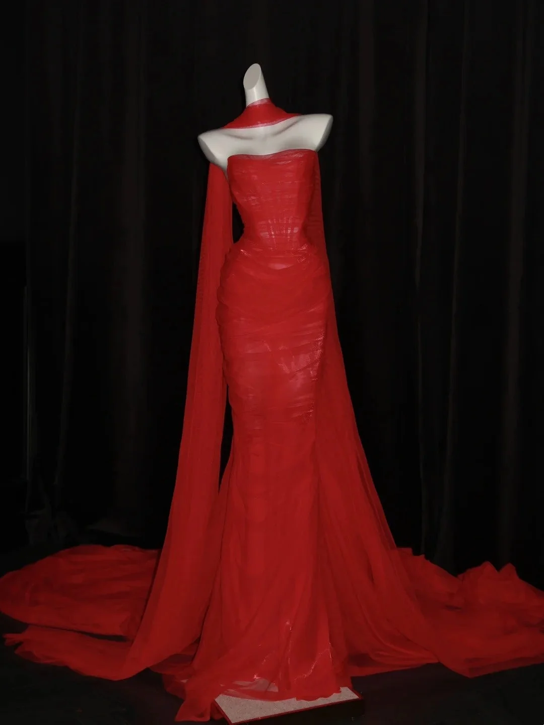 Sexy Red Tulle Pleated Mermaid Long Evening Dress With Scarf,Strapless Long Wedding Guest Dress D4843