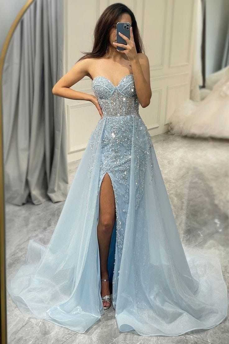 Stunning Light Blue Tulle Sequin Beaded Slit Mermaid Long Evening Dress Birthday Prom Dress D5439