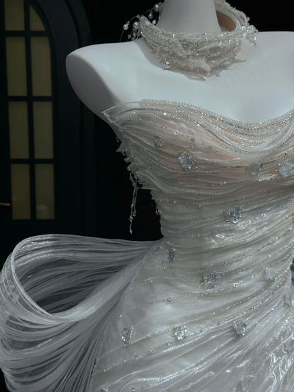 Classy White Tulle Pleated Beaded Mermaid Long Wedding Dress,Formal Bridal Dress With Bow D3084