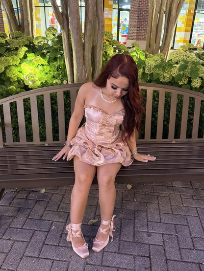 Cute Pink Strapless Satin Bow Short Homecoming Dress Birthday Outfits D4505