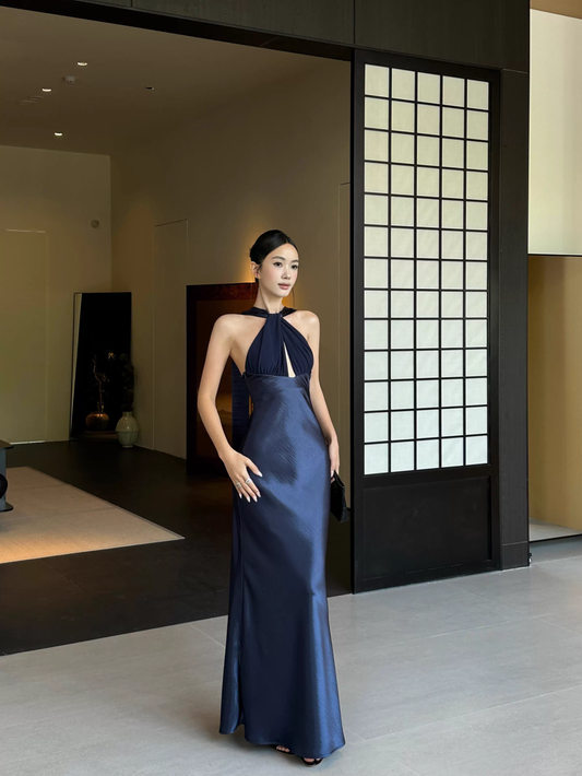 Classy Sleeveless Navy Blue Satin Mermaid Long Wedding Guest Dress Formal Backless Party Dress Evening Gown D2082