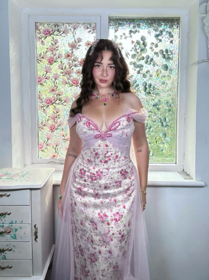 Pretty Pink Off The Shoulder Satin Print Floral Mermaid Long Party Dress Prom Dress D3561