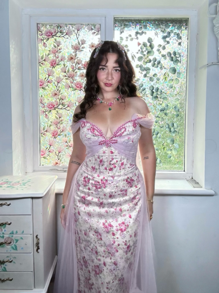 Pretty Pink Off The Shoulder Satin Print Floral Mermaid Long Party Dress Prom Dress D3561