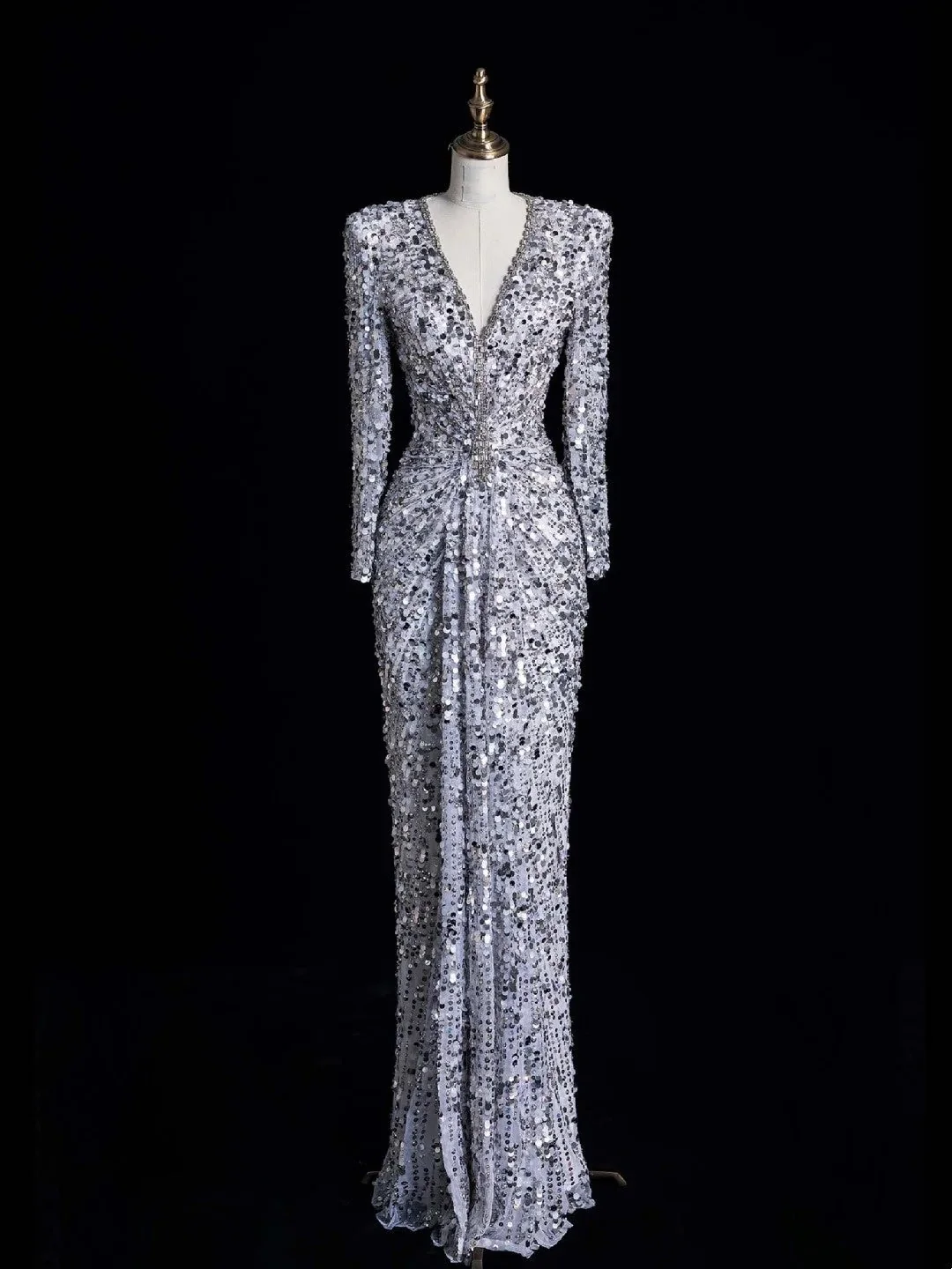 Sparkly V Neck Silver Sequin Beaded Sheath Long Party Dress Evening Dress With Ruched D4851