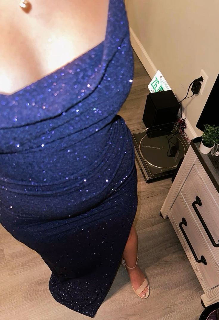 Shiny Spaghetti Straps Blue Sequin Sheath Slit Long Party Dress Birthday Dress D2867