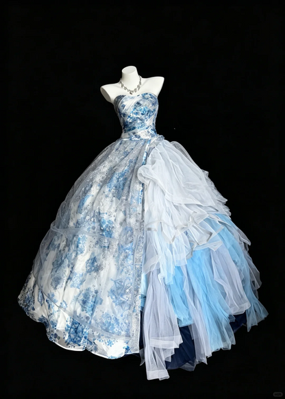 Charming Strapless Blue Satin Floral Tulle Sequin Quinceanera Dress Sweet 15 16 Dress D5271