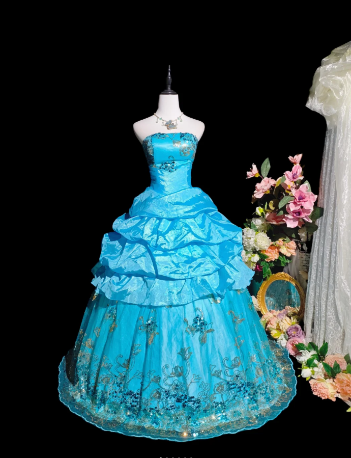 Gorgeous Strapless Quinceanera Dress Blue Satin Tulle Sequin Floral Ball Gown Sweet 16 Dress D2360