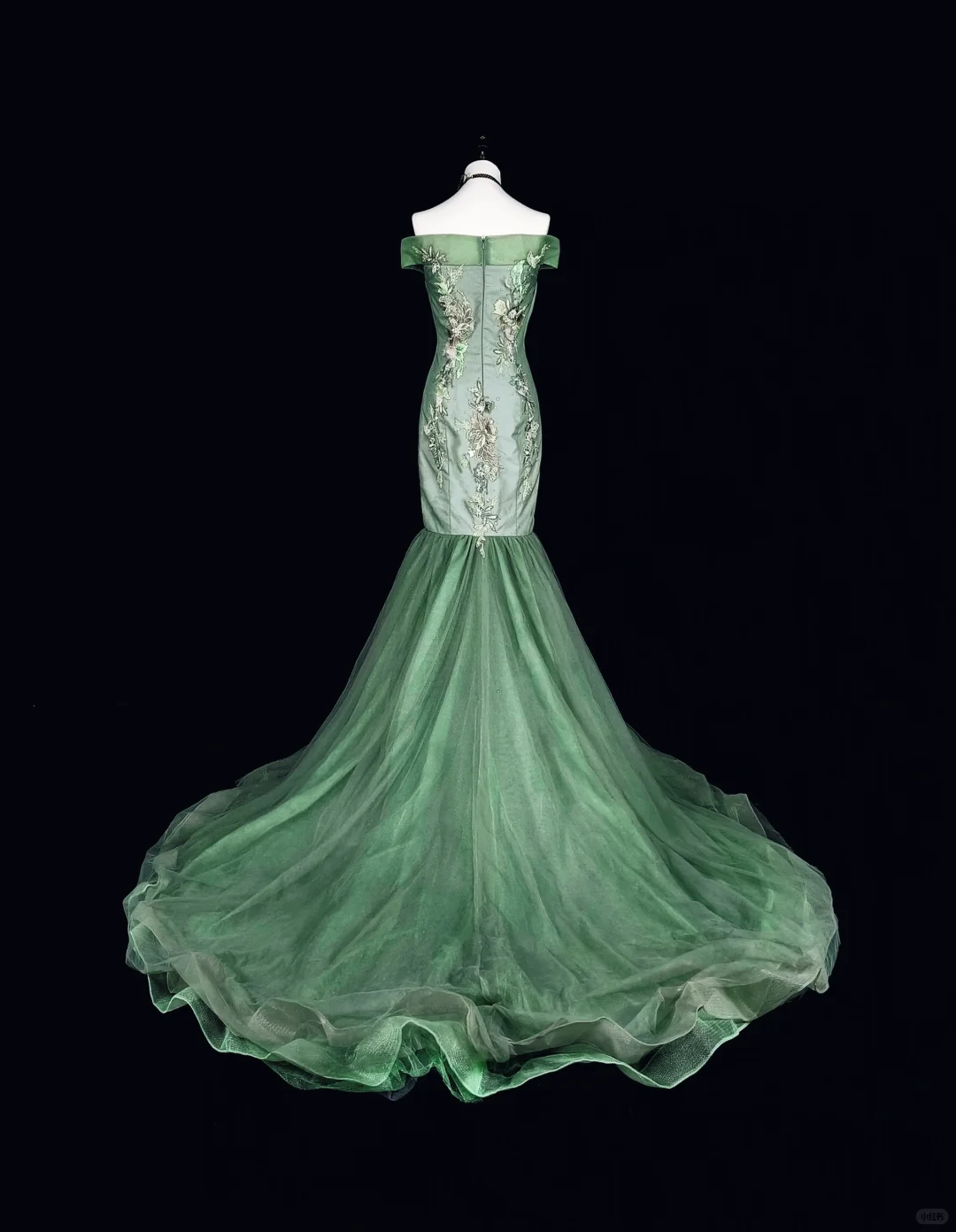Charming Off The Shoulder Satin Tulle Appliqued Long Prom Dress Green Mermaid Evening Dress D5382