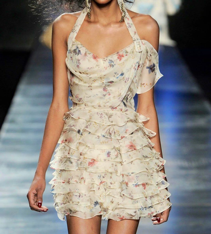 Pretty Halter Chiffon Print Floral Ruffles Short 9th Grade Homecoming Dress,White Mini Birthday Dress D3264