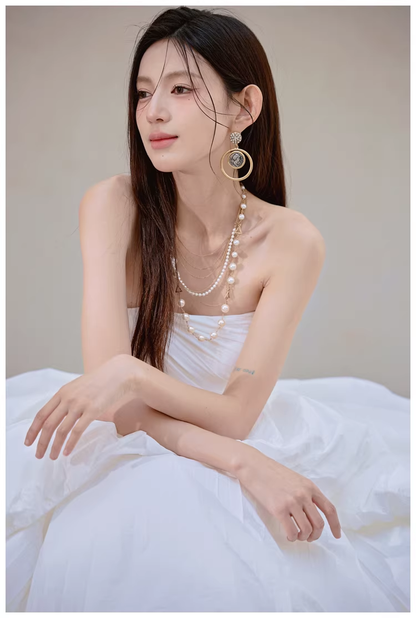 Charming Strapless White Satin Pleated Puff Birthday Party Dress Formal Prom Dresses D2413