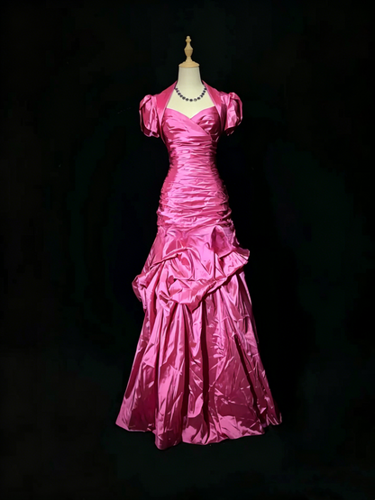Vintage Blue Satin Pleated Mermaid Long Party Gown Formal Prom Dress D753