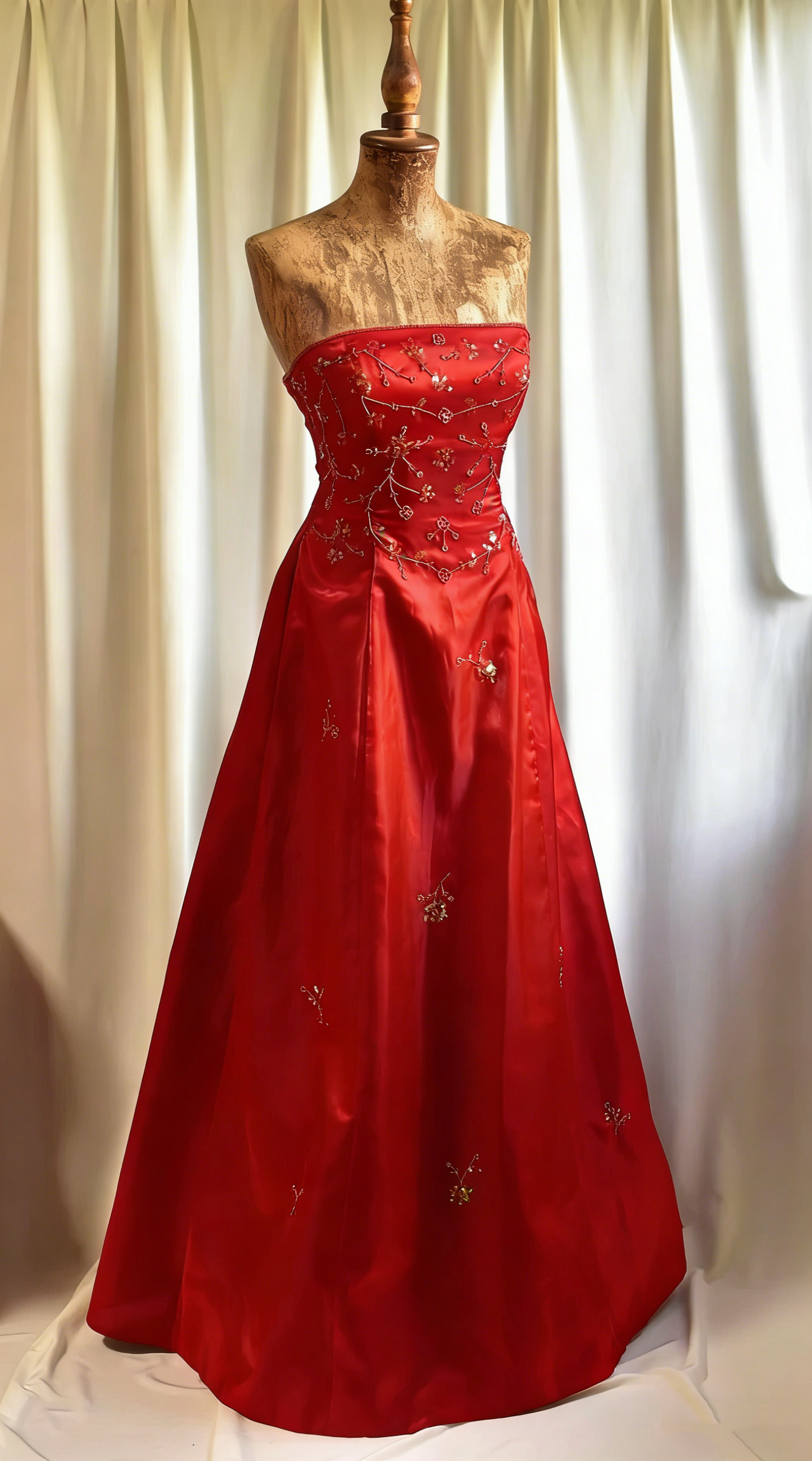 Vintage Burgundy Strapless Satin Beaded A Line Long Evening Dress Birthday Party Dress D1832