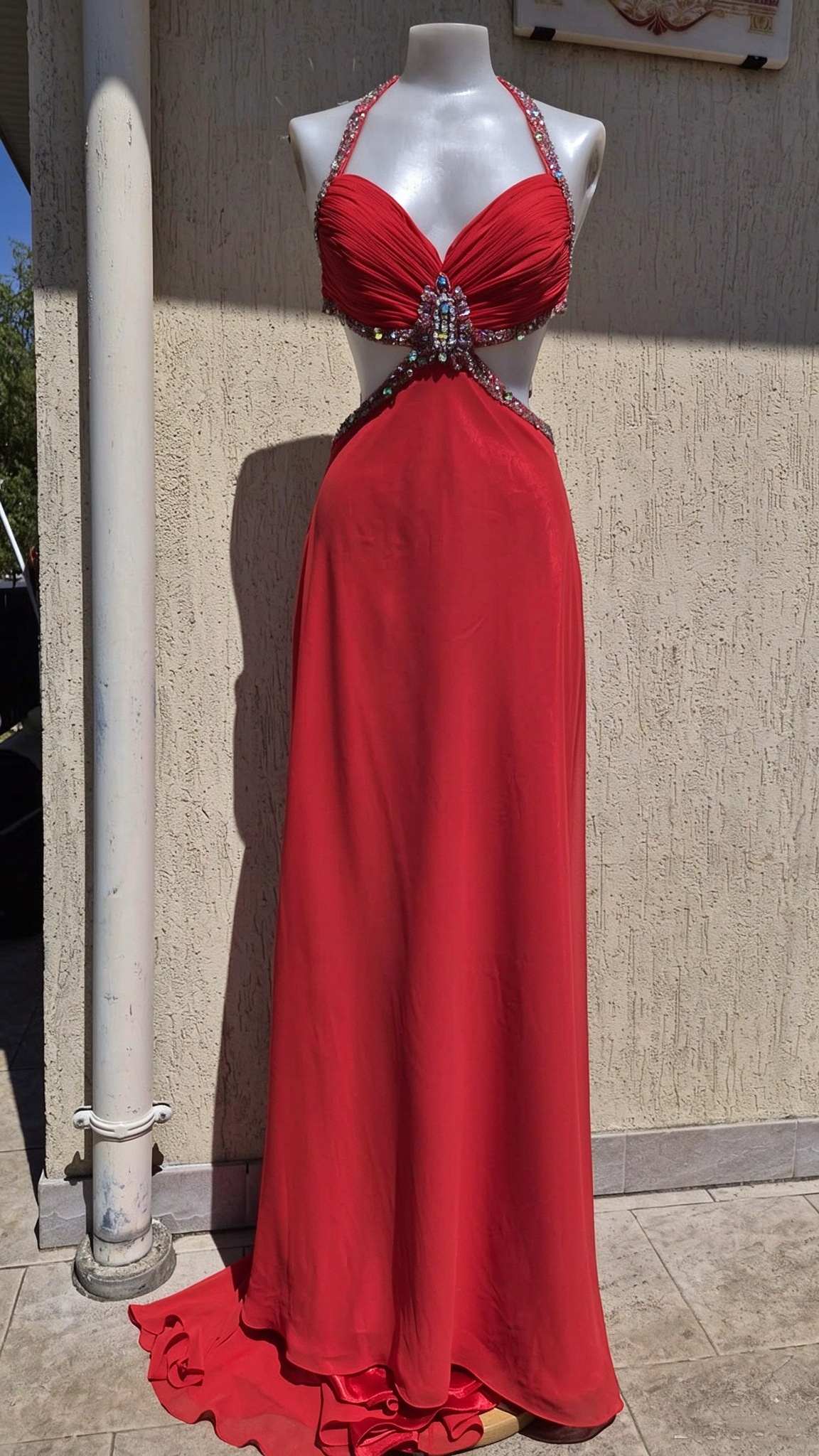 Sexy Red Halter Chiffon Beaded Long Party Dress Evening Dress D4953
