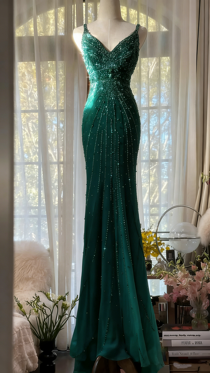 Gorgeous Spaghetti Straps Red Chiffon Beaded Mermaid Long Party Dress Evening Gown D1571