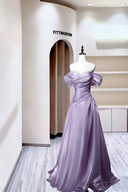 Charming Off The Shoulder Ball Gown Blue Satin Pleated Beaded Long Party Dress Evening Gown D2390