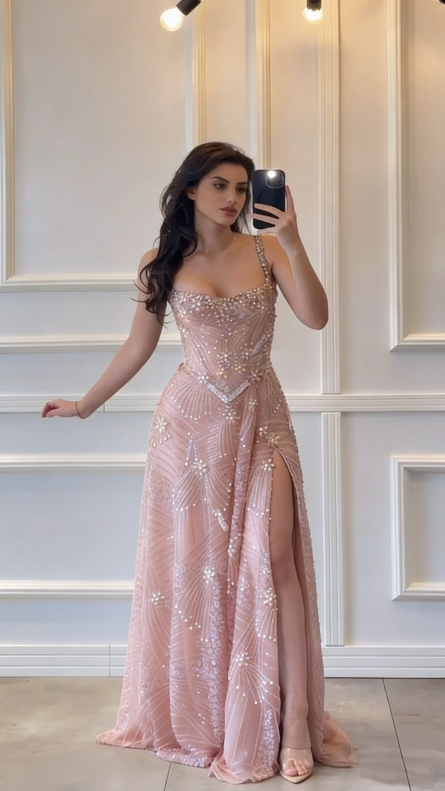 Vintage Emerald Green Spaghetti Straps Tulle Lace Beaded A Line Prom Gown Long Slit Party Dress D821