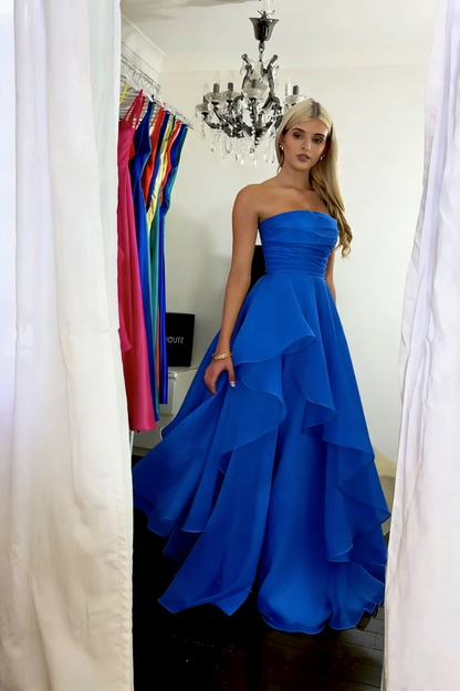 Classy Strapless Yellow Tulle Slit Long Prom Dress Formal Birthday Party Dress D1141