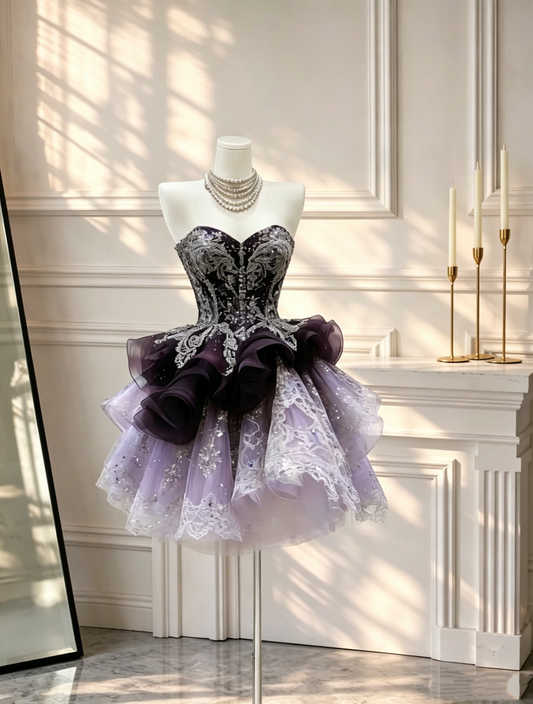 Pretty Ombre Purple Tulle Sequin Appliques Strapless A Line Short Homecoming Dress Birthday Outfits D2622