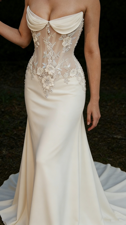 Classy Strapless Satin Appliques White Mermaid Long Wedding Dress Bridal Dress D1940