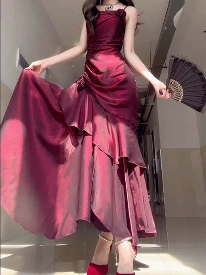 Wine Red Satin Long Straps Prom Dress Wine Red A-line Party Dress SD1360