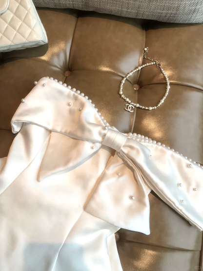 Elegant Bow Satin Beaded A Line Short Birthday Party Dress White Homecoming Dress D242