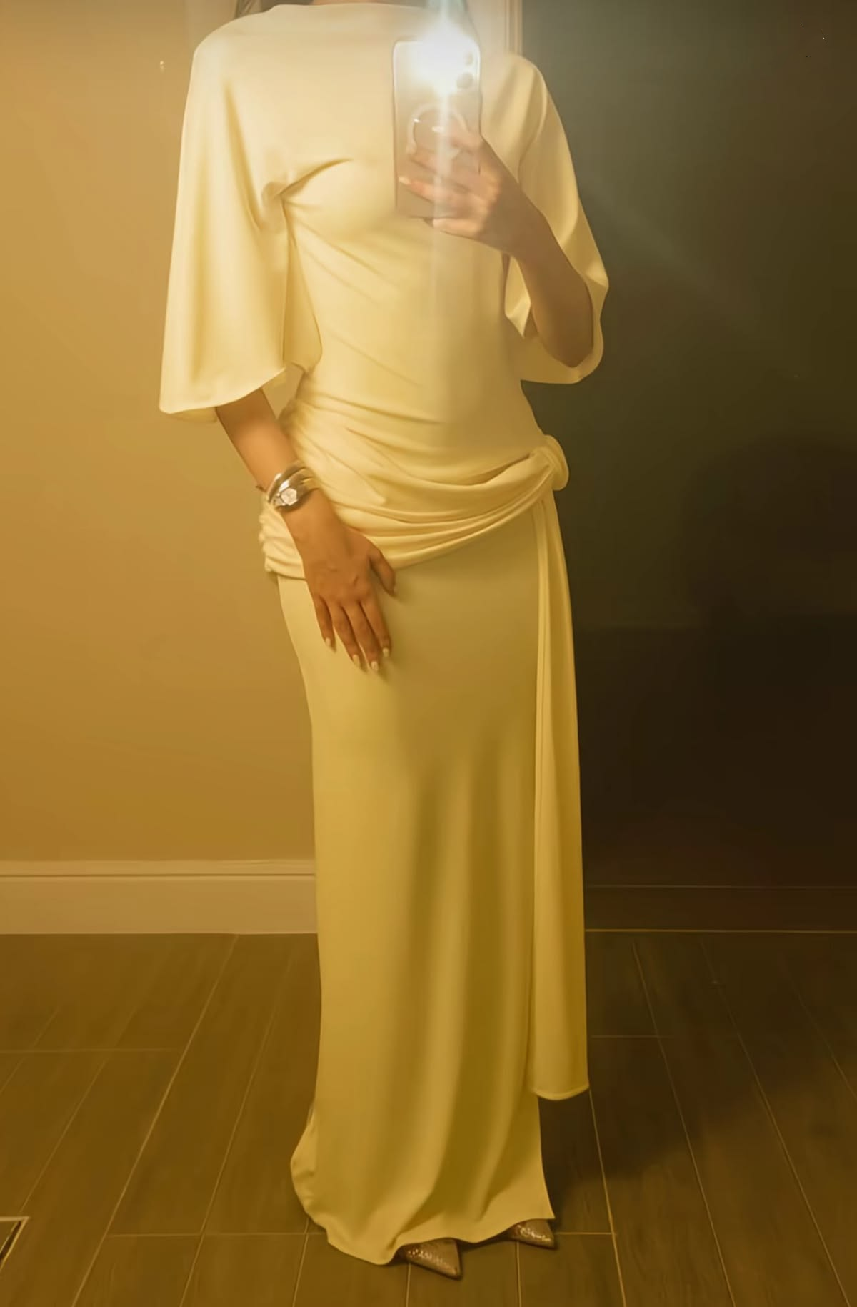 Classy Yellow Satin Pleated Sheath Long Party Dress Prom Dress D4912