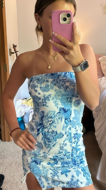 Unique Strapless Blue Satin Print Floral Sheath Short Cocktail Dress Formal Homecoming Dress D144