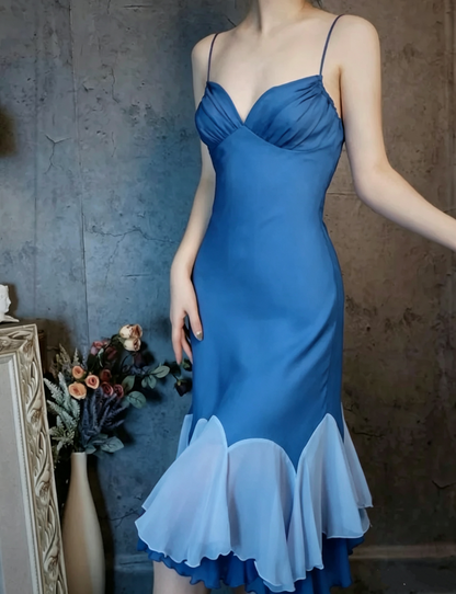 Vintage Spaghetti Straps Fuchsia Satin Chiffon Ruffles Mermaid Party Dress Long Evening Gown D1477