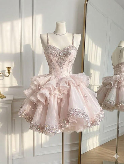 Gorgeous Pink Spaghetti Straps Tulle Beaded A Line Short Graduation Homecoming Dress Cocktail Dress D3007