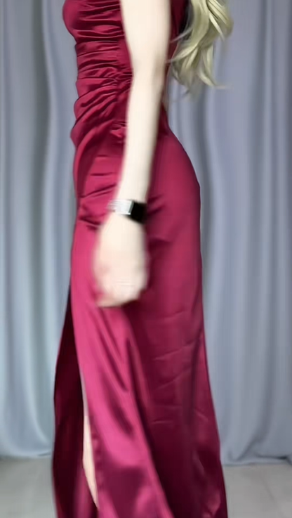 Pretty Burgundy Off The Shoulder Satin Pleated Mermaid Party Dress Long Slit Evening Gowns D2486