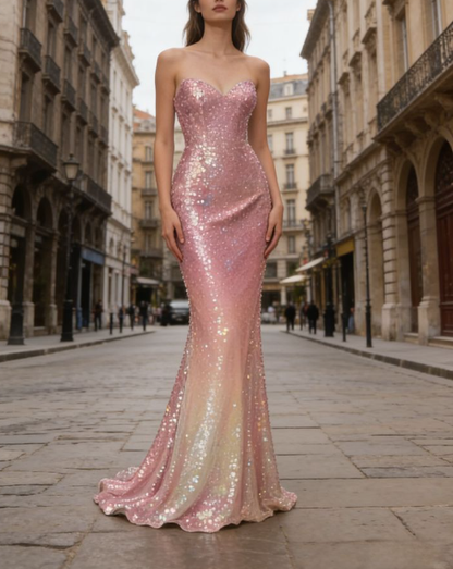 Sparkly Spaghetti Straps Pink Sequin Mermaid Long Party Dress Evening Gown  D1659