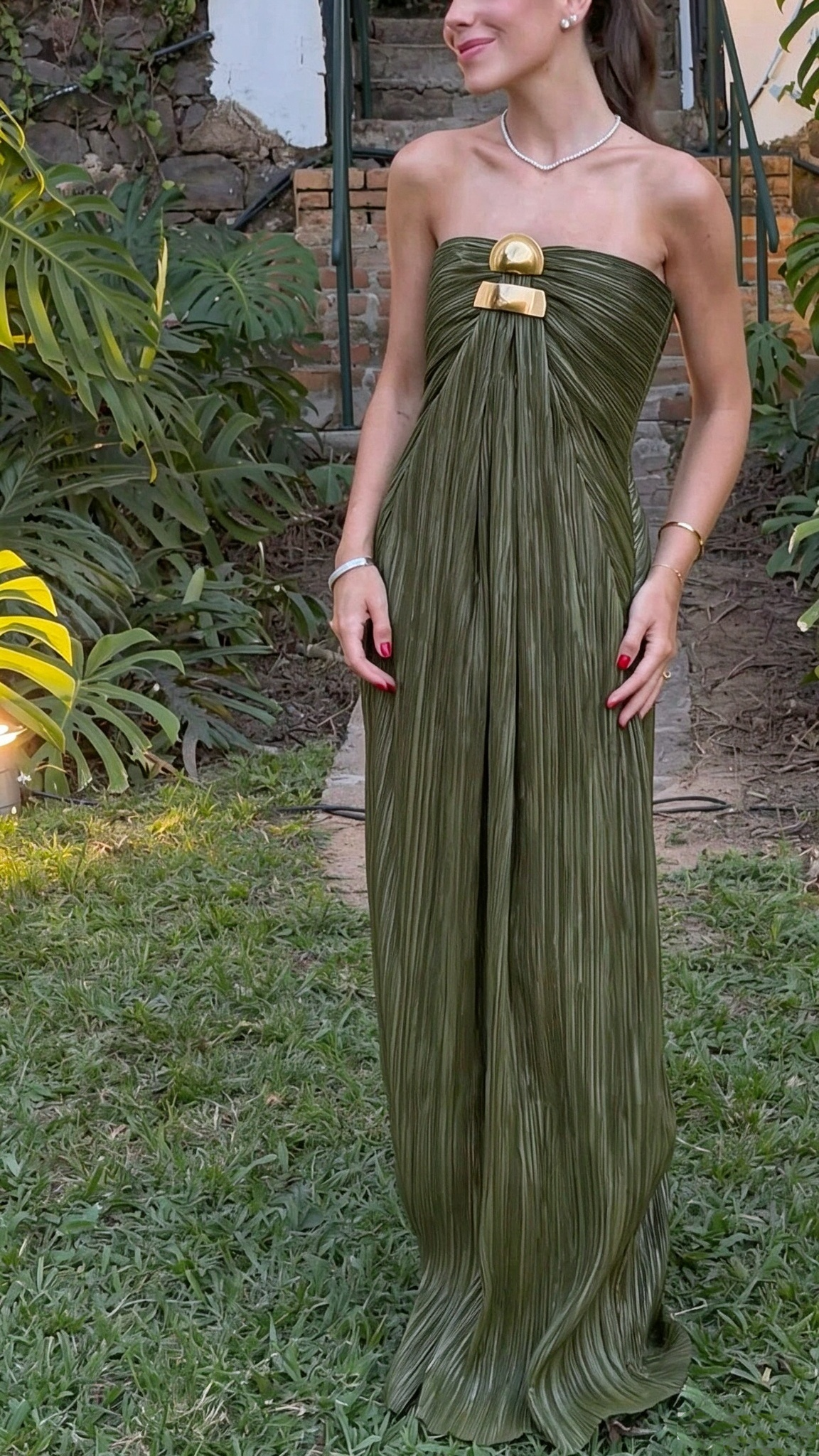 Vintage Olive Green Satin Pleated Long Evening Dress Strapless Long Wedding Guest Dress D4615