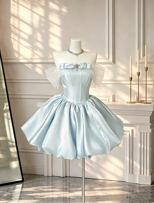 Fairy Off The Shoulder Satin A Line Short Party Dress Blue Mini 6th Grade Homecoming Dress D2623
