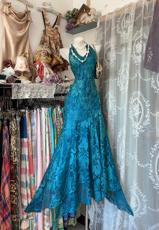 Retro Halter V Neck Peacock Blue Chiffon Print Floral Mermaid Evening Dress Long Party Dress D3211