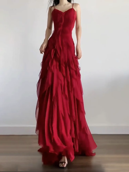 Simple Sheath Spaghetti Straps Burgundy Chiffon Long Ruffles Party Dresses Birthday Dress SD580