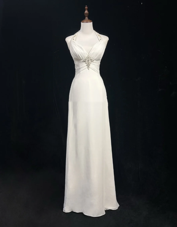 Charming White Halter Chiffon Beaded Long Wedding Guest Dress Formal Birthday Prom Dress Evening Dress D2064