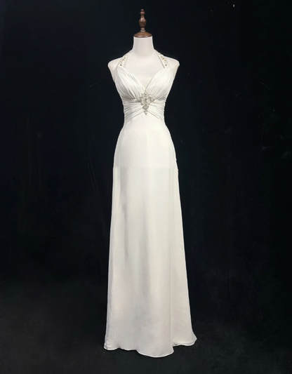 Charming White Halter Chiffon Beaded Long Wedding Guest Dress Formal Birthday Prom Dress Evening Dress D2064
