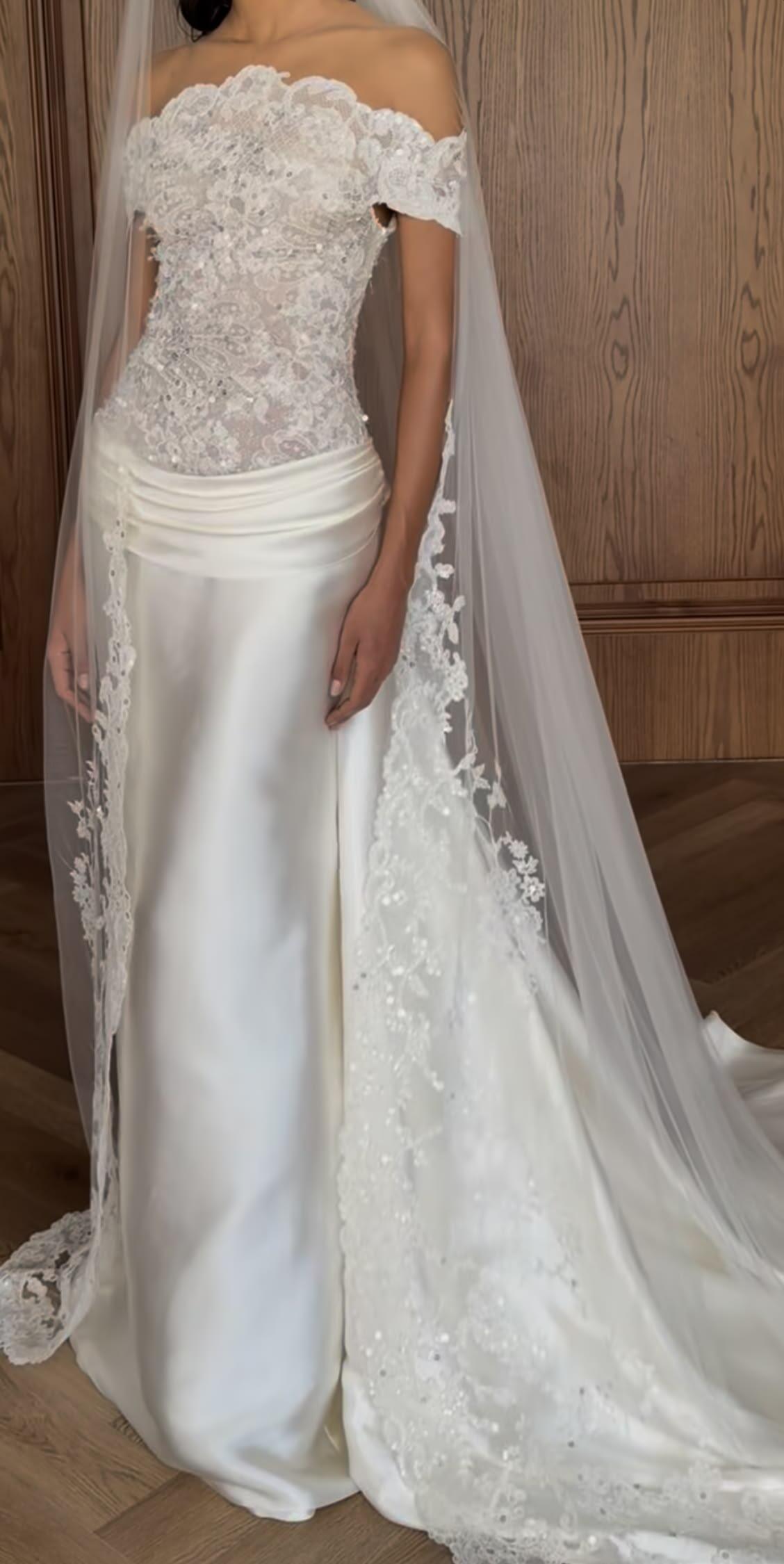 Pretty Off The Shoulder White Satin Lace Mermaid Long Wedding Dress Without Veil D3897