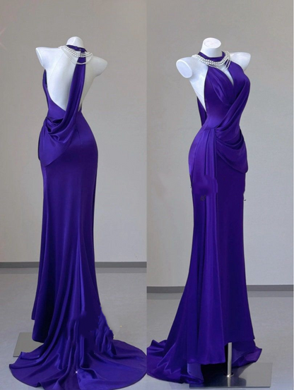 Vintage Sheath Halter Grape Satin Long Prom Dresses Evening Gown Formal Party Dress With Ruffles SD1305