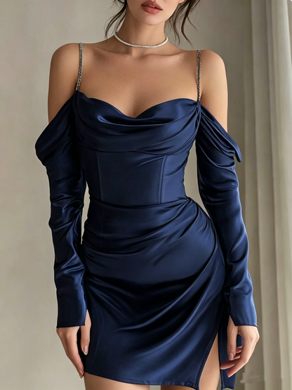 Elegant Navy Blue V Neck Satin Short Graduation Homecoming Dress,Off The Shoulder Mini Birthday Dress D3954